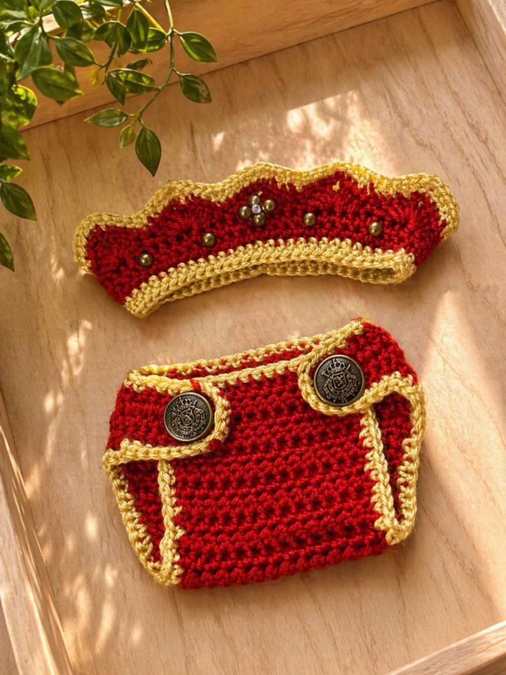 Red and Gold Crochet Diaper Cover Set for Kids